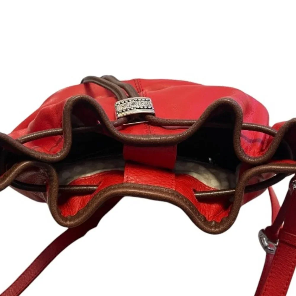 Brighton Orange Red Leather Drawstring Bucket Bag Purse with Fringe - Picture 10 of 13